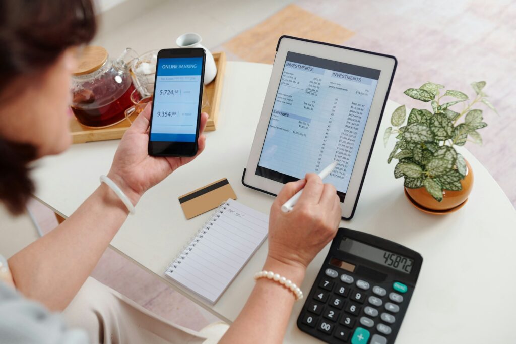Woman checking brokerage account
